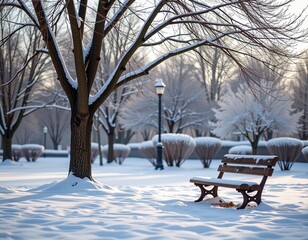 A serene winter park scene with snow-covered ground, a bare tree, a wooden bench with snow, and a lamp post in soft morning light.
