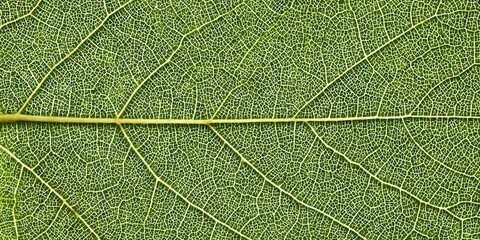 Obraz premium Macro view of a vivid green leaf with detailed veins and natural backlight, showing its organic texture and seamless botanical pattern.