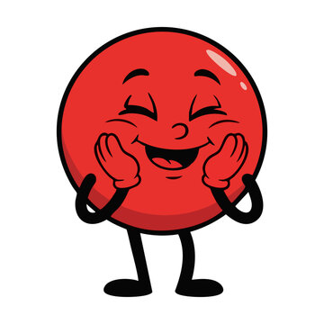Cute cartoon red circle character with a happy, shy expression, blushing and smiling with hands on cheeks. Playful and expressive vector for emotions or kids designs.

