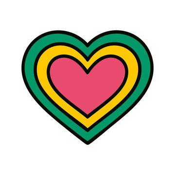 Colorful cartoon heart with layered stripes in pink, yellow, and green. Bold outline, simple flat style, symbolizing love and happiness.

