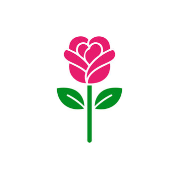 Minimal pink rose flower icon with green leaves and stem, perfect for romantic, floral, spring, or Valentine&rsquo;s Day designs.

