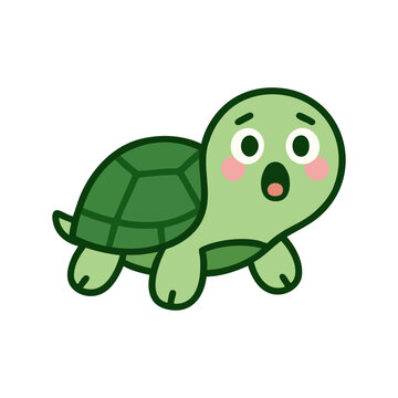 Cute cartoon turtle with green shell and light green body, showing a surprised expression with wide eyes and open mouth. Flat, vector design with pink cheeks.

