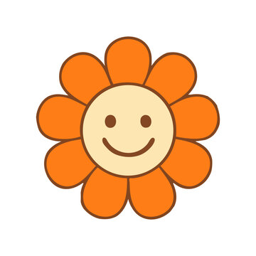 Cute cartoon flower with orange petals and a smiling face, drawn in a simple, cheerful, and playful vector style.

