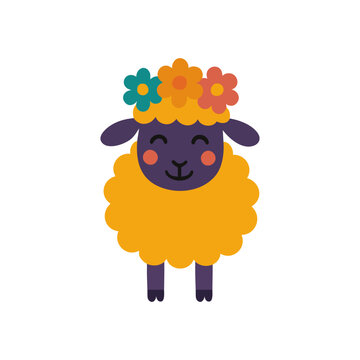 Cute cartoon sheep with a dark face and legs, fluffy orange wool, and a colorful flower crown. A happy and festive animal illustration on a white background.

