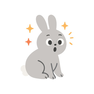 Cute gray cartoon rabbit with surprised expression and sparkles around its head. Flat vector style on white background, perfect for kids' designs and stickers.

