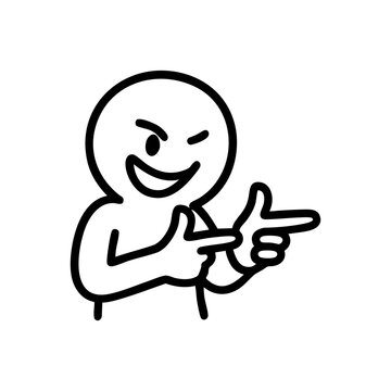 Playful stick figure winking and pointing with both hands in a confident pose, outlined in bold black lines.

