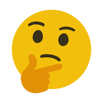 Yellow thinking face emoji with hand on chin, expressing doubt, curiosity, or contemplation. Simple, flat style on white background.

