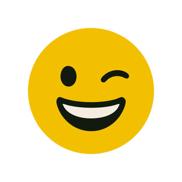 Cheerful yellow smiley face with a big grin and one eye winking, drawn in a clean, modern emoji style.

