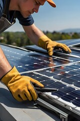 Close-up of a worker’s gloved hands installing solar panels on a rooftop