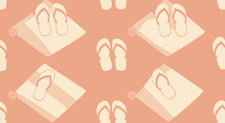Seamless Pattern of FlipFlops and Rolled Towels in Muted Peach Tones.