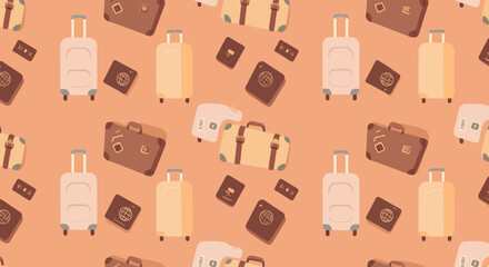 Seamless pattern of suitcases passports and luggage tags in muted earth tones.
