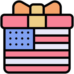 Gift Box Print With USA Flag Vector Icon, Fourth Of July Icon, Vector Style Lineal color Icon.	