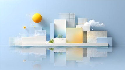 Minimalist 3D Tropical Paradise Scene with Geometric Architecture, Palm Trees, and Coastal Horizon – Ideal for Summer Design, Branding, and Presentation Backgrounds.