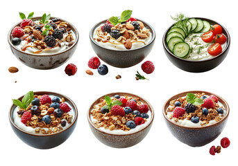 Fresh and Healthy Yogurt Bowls with Berries, Nuts, and Granola Toppings