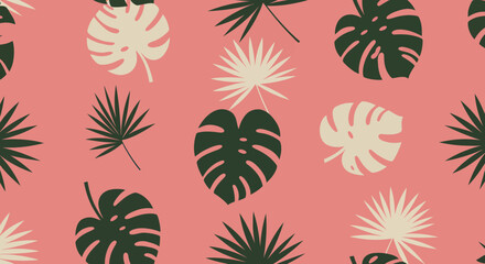 Fototapeta premium Tropical Leaf Pattern with Monstera and Palm Fronds on Salmon Background.
