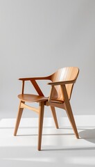 A modern wooden chair with a smooth finish, featuring a curved backrest and angled legs, set against a minimalist light gray background.