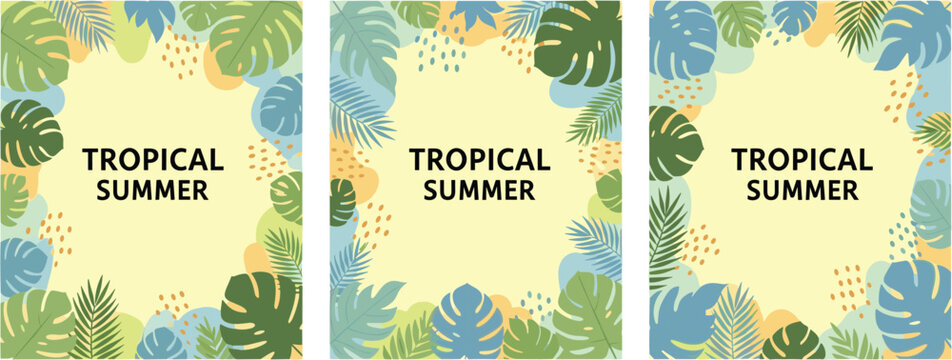 Set of summer tropical backgrounds with copy space for text. Palm leaves. Floral exotic hawaiian frame. Modern trendy colorful design. Vector template for card, cover, poster, social media, banner