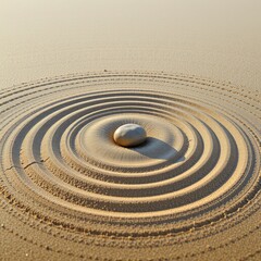Naklejka premium A smooth stone is centered in concentric circles raked in fine sand, evoking calm and Zen garden aesthetics.