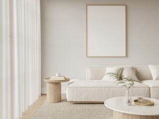 Scandinavian beige living room with vertical wooden frame on wall, modern sofa and white sheer curtains – wall art mockup scene