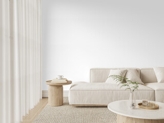 Beige Scandinavian Living Room Sofa Mockup with Transparent Wall, Round Coffee Tables and Glass Vase on Rug – Transparent Wall Mockup with Realistic Shadows – 3D render