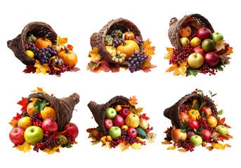 Beautiful Cornucopias Filled with Colorful Fresh Fruits and Autumn Leaves