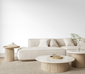 Transparent Wall Living Room Mockup with Beige Sofa, Book Table and Neutral Decor in Scandinavian Style– Transparent Wall Mockup with Realistic Shadows – 3D render