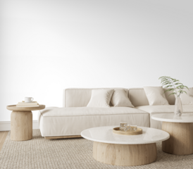 Transparent Wall Living Room Mockup with Beige Sofa, Book Table and Neutral Decor in Scandinavian Style– Transparent Wall Mockup with Realistic Shadows – 3D render