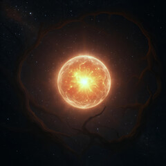 Obraz premium A celestial light show featuring a glowing sun and planet set against the dark, expansive cosmos