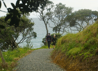 Tourist walking around Waipu pancake rocks in Waipu, New Zealand.	
