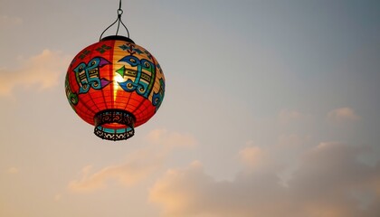 Naklejka premium A colorful red Chinese lantern with traditional designs hangs against a soft pastel sky at dusk.