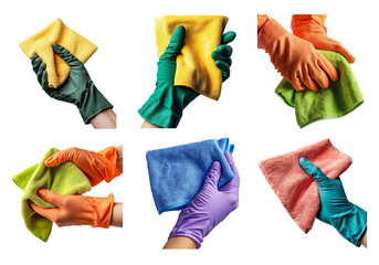Hands with Colorful Cleaning Cloths and Gloves for Home Cleaning Tasks