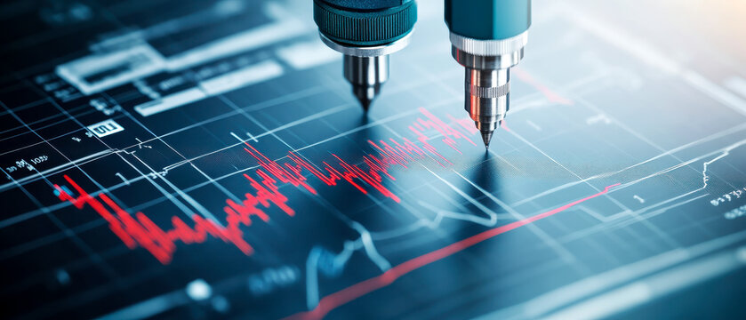 A close-up of two mechanical pens drawing detailed red and white graphs on a digital screen, illustrating data analysis and financial trends.