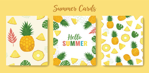 Hello, summer! A set of summer, bright, sunny postcards with pineapple and tropical leaves. Exotic summer background with creative design, postcards, posters, template