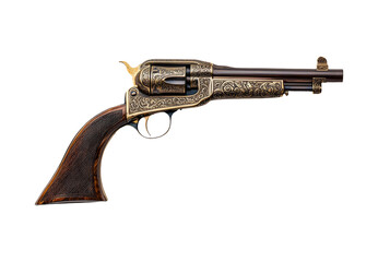 Ornate Vintage Revolver with Intricate Design and Wooden Grip