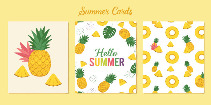 Hello, summer! A set of summer, bright, sunny postcards with pineapple and tropical leaves. Exotic summer background with creative design, postcards, posters, template