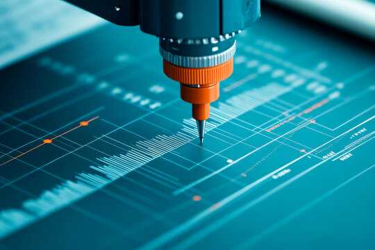 A close-up of a CNC machine tool precisely engraving or cutting detailed digital data patterns on a flat surface.