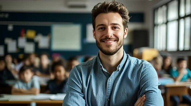 Engaged Teacher Smiling in Classroom with Students in Background with ai generated