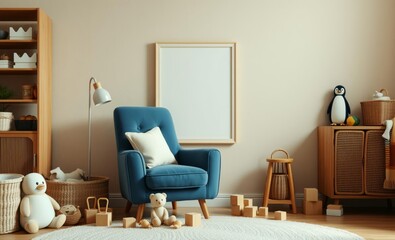 A minimalist child's haven where a plush blue armchair adorned with a mock-up poster frame stood sentinel amidst a playful array of plush toys wooden blocks and a rattan sideboard The beige wall textu