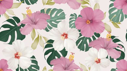 Floral seamless pattern features pink and white hibiscus flowers intermingled with various shades of green Monstera leaves on a light pink background