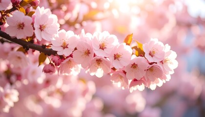 Obraz premium Blooming Cherry Blossom Branch with Springtime Beauty with Soft Sunlight, and Bokeh Background.