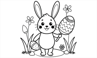 Adorable easter bunny holding decorated eggs in spring meadow isolated on white background