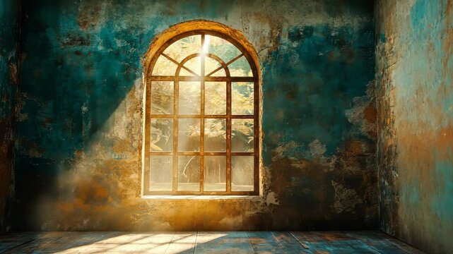 Sunlit arched window in a rustic room