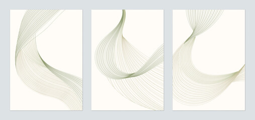 Abstract line wall art set, minimalist flowing lines in shades of green and brown on a light brown background. The lines have a distinct arrangement, creating different patterns of curves and waves