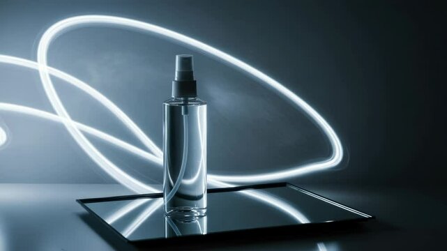 Clear glass spray bottle on reflective tray under neon lighting