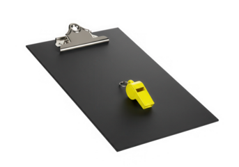 Clipboard with yellow whistle, coach equipment isolated on transparent background