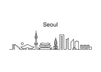 Seoul Skyline Silhouette Minimalist Illustration of South Korea's Capital City Landmarks and Architecture Black and White Design