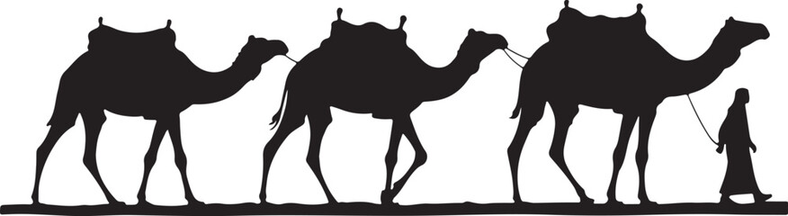 Caravan in Desert Landscape Silhouette on Transparent Background