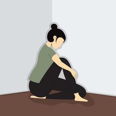 Depressed and sadness young woman sitting on corner floor of room.