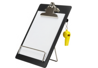 Clipboard with blank paper and yellow whistle isolated on transparent background