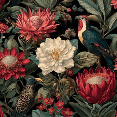A black and white floral print with birds and butterflies